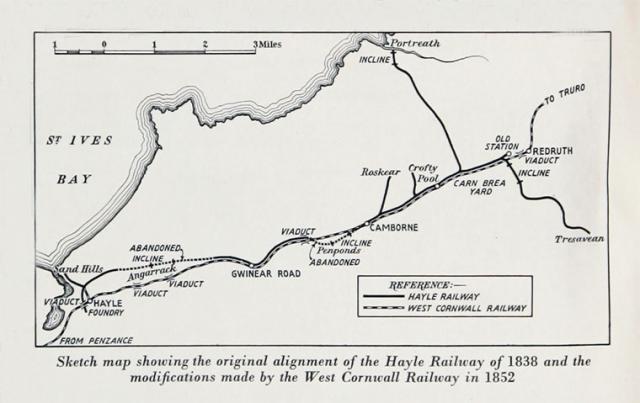 Sketch map showing original alignment of Hayle Railway of 1838 and modifications made by West Cornwall Railway in 1852